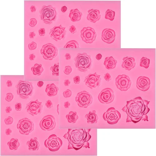 Tosnail Paquete de 3 moldes de silicona para fondant de 21 cavidades, moldes de caramelo de flores de rosas para pasteles de boda, pastel pop,