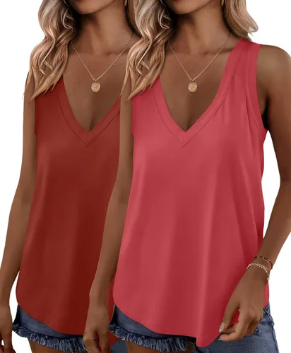 Miniatura 23 de KKJ Paquete de 2 camisetas sin mangas para mujer, cuello en V, camisetas de verano sin mangas, ajuste holgado, casual, trajes de vacaciones, camisas