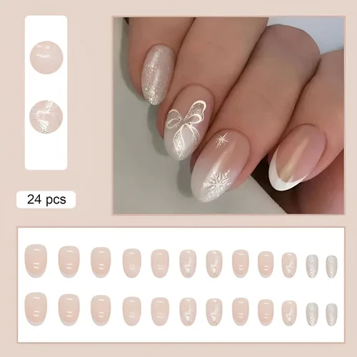 Miniatura 2 de Uñas postizas a presión de Navidad, cortas, medianas, almendra, arco de copo de nieve francés, juego de uñas postizas acrílicas de cobertura