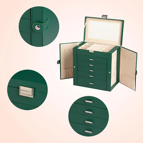Miniatura 4 de Frebeauty Joyero grande, organizador de joyas de piel sintética de 6 niveles con cerradura, estuche de almacenamiento multifuncional con espejo