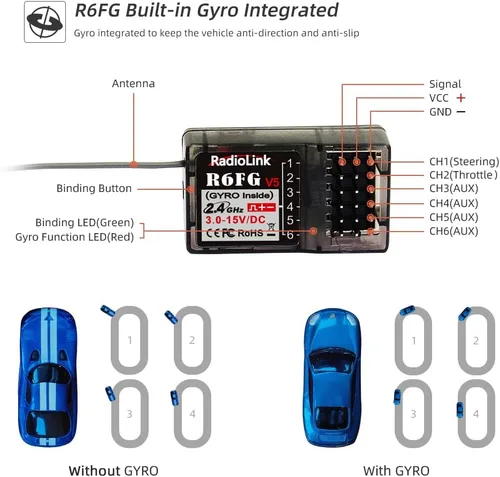 Miniatura 8 de Radiolink RC6GS V3 2.4G 7 canales RC Kit de controlador de radio de coche y R6FG Gyro Control remoto de largo alcance para RC Crawler Truck Drifting