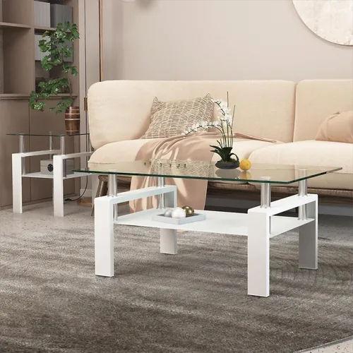 Miniatura 4 de Mesa auxiliar de cristal para sala de estar, mesa central rectangular de 2 niveles con patas de metal, mesa auxiliar para el hogar, oficina