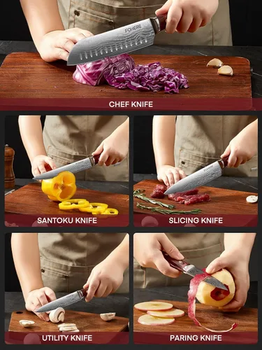 Miniatura 8 de FOHERE Juego de cuchillos de chef, 5 cuchillos de cocina ultra afilados con mango ergonómico de madera de Pakka roja, juego de cuchillos