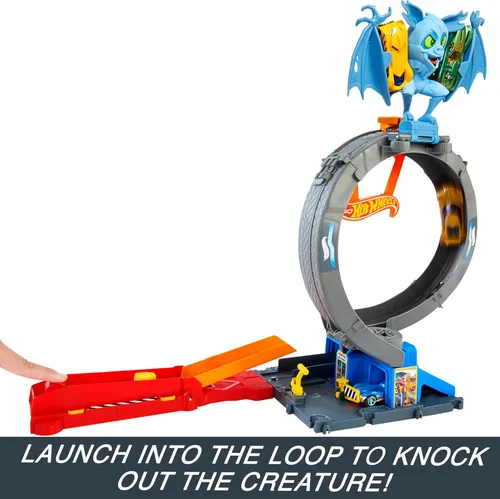 Miniatura 5 de Hot Wheels City Toy Car Track Set, Bat Loop Attack con lazo ajustable y lanzador, vehículo a escala 1:64, se conecta a otros