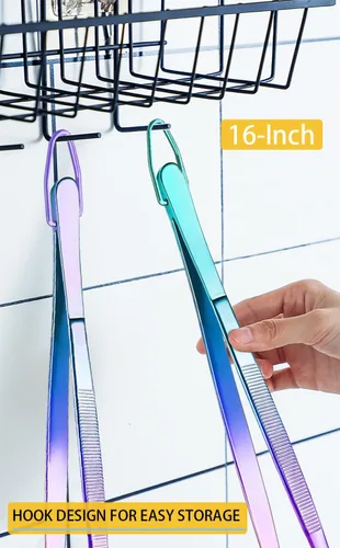 Miniatura 6 de JETKONG 2 pinzas finas de acero inoxidable de 16 pulgadas extra largas, pinzas de cocina largas para cocinar (arcoíris)