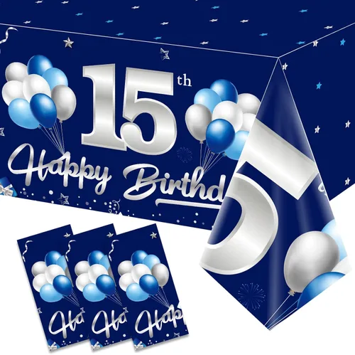 Turypaty Paquete de 3 manteles decorativos de cumpleaños de 15 años de color azul marino para niños, manteles rectangulares desechables para