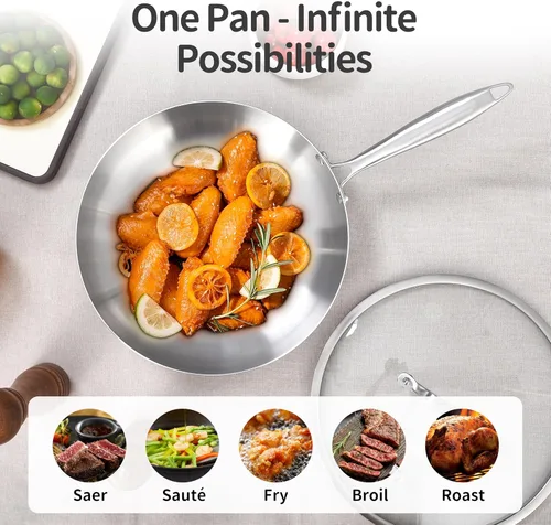 Miniatura 7 de LOLYKITCH Juego de sartenes de acero inoxidable de tres capas de 10 a 12 pulgadas con tapas, sartenes, juego de utensilios de cocina de inducción
