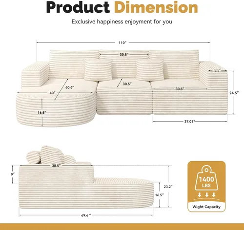 Miniatura 2 de Luxanimarion Sofá modular sin hueso de nube de 110 pulgadas con diván curvo, sofá modular de felpa en forma de L, juego de cama convertible incluye
