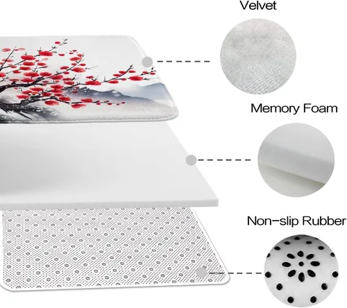 Miniatura 7 de Alfombra de baño floral con ramas de flor de ciruelo, terciopelo coral, tapete de ducha antideslizante para baño, árbol de flores