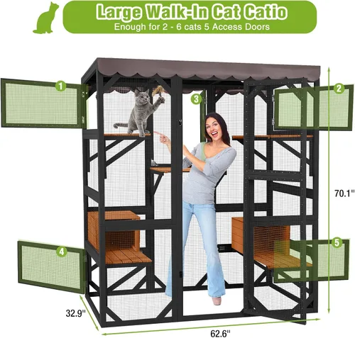 Miniatura 6 de GUTINNEEN Catio - Recinto grande de madera para gatos de 70 pulgadas, jaula para gatos con 7 plataformas, 2 cajas de descanso, cubierta impermeable