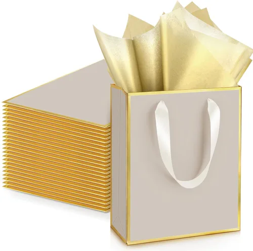 Miniatura 21 de Yeaqee Paquete de 24 bolsas de regalo de papel metálico con asa y papel de seda de 9 x 7 x 3.1 pulgadas, bolsas de favor de bienvenida con papel