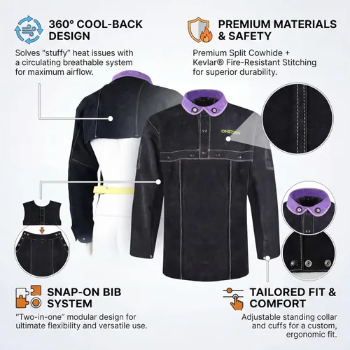 Miniatura 4 de Chaqueta de cuero de la soldadura, abrigo de la seguridad del soldador, mangas del cabo con delantal del babero, resistente al calor y Negro