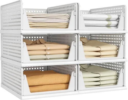Pinkpum Paquete de 6 organizadores de armario, cesta apilable de plástico para ropa, contenedores de almacenamiento apilables para estantes, Blanco