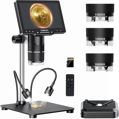 TOMLOV TriL107 Microscopio digital de 3 lentes: Lupa de microscopio de monedas HDMI de 7 "2500X 2K para visión completa de monedas con pantalla IPS,