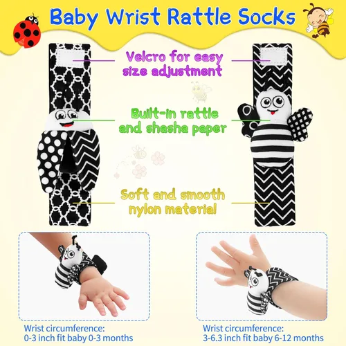 Miniatura 2 de Juguetes para bebés de 0 a 6 meses – Juego de calcetines de sonajero de muñeca de alto contraste para bebés de 3 meses, sonajeros sensoriales