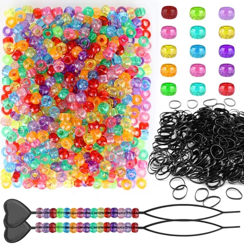Kit de 1605 trenzas de cabello que incluye 600 cuentas de pony con purpurina de 0.354x0.236 in, 1000 bandas elásticas de goma y 5 cuentas rápidas