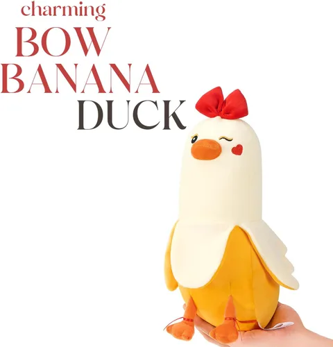 Miniatura 3 de PEACH CAT Peluche de pato de plátano con moño, peluche romántico de 12 pulgadas, almohada de felpa para abrazar, regalo de peluche para novia, Arco