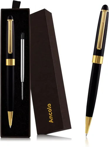 Ancolo Bolígrafo negro, tinta negra a granel, punta media de 0.039 pulgadas (0.039 in), escritura suave, bolígrafos negros y dorados para hombres y