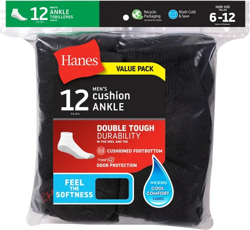 Miniatura 26 de Hanes Calcetines dobles resistentes para hombre, que disipan la humedad del cuello redondo y el tobillo, color blanco y negro, varios paquetes