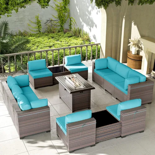 Miniatura 69 de Kullavik Juego de 13 muebles de patio al aire libre con mesa de fogata de gas propano de 43 pulgadas, 55000 BTU, mimbre de polietileno, sofá Arena