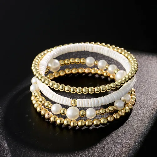 Miniatura 5 de Pulsera de cuentas de oro para mujer, apilable, chapada en perlas, juego de pulseras elásticas para mujer, a la moda