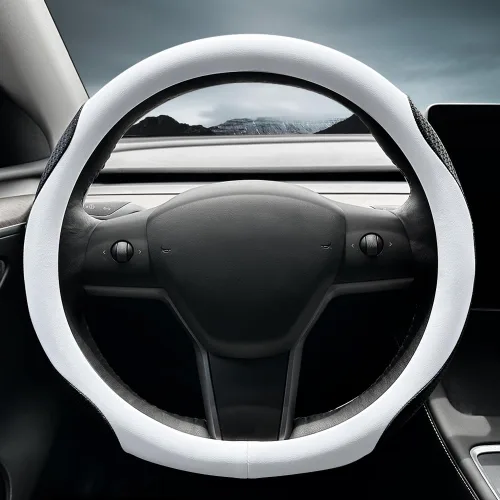 Miniatura 3 de LKWLIKEI Funda de cuero de napa ultrafina para volante Tesla Modelo 3/Y, diseño antideslizante y modificación interior de accesorios de coche Blanco
