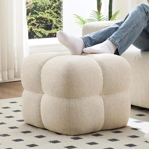 ONEVOG Otomana moderna beige, puf otomana cuadrado divertido de 21 pulgadas, reposapiés tapizado de tela de lino, mesa de centro pequeña y