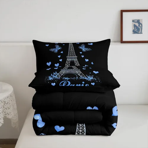 Miniatura 6 de Manfei Juego de edredón de la Torre Eiffel, tamaño individual, edredón de plumón con corazones de mariposa y flores azules con 1 funda de almohada