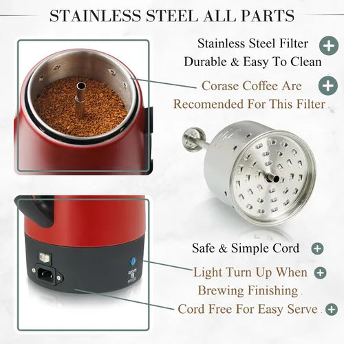 Miniatura 2 de Moss & Stone Percoladora de café eléctrica, cuerpo rojo con tapa de acero inoxidable, cafetera eléctrica percoladora, cafetera roja para campamento