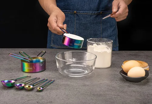 Miniatura 6 de WELLSTAR Juego de 8 tazas y cucharas medidoras de acero inoxidable 18/8 de grado alimenticio para medición de líquidos secos, accesorios de cocina