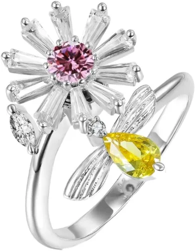 Lindo anillo giratorio floral de margarita, flor de abeja, circonita cúbica, ansiedad, compromiso, boda, TDAH, alivio del estrés, juguetes para