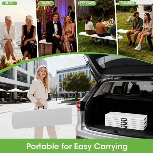 Miniatura 7 de HLPB Banco plegable de 6 pies, banco de plástico plegable con asa y mesa de polietileno de alta densidad suave, asiento de picnic portátil