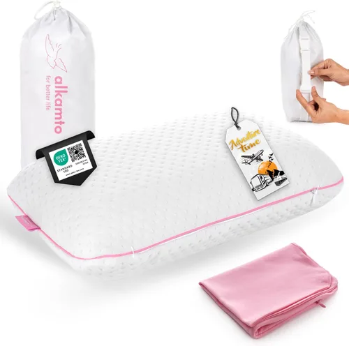 Miniatura 14 de alkamto Almohada de espuma viscoelástica cómoda para viajes y campamentos, bolsa portátil fácil de transportar, funda de almohada con regulación
