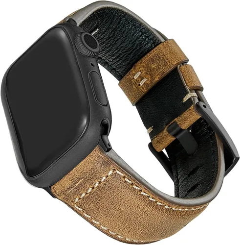 Miniatura 5 de Genuine Leather Watch Band Compatible with Apple Watch,Italian Cowhide,Retro Style,Black Buckle,Golden Brown and Chestnut Brown,38/40/41mm and