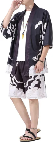 Miniatura 3 de PRIJOUHE Conjunto de kimono de estilo japonés para hombre, ligero, casual, con siete mangas, frente abierto, cárdigan y pantalones cortos