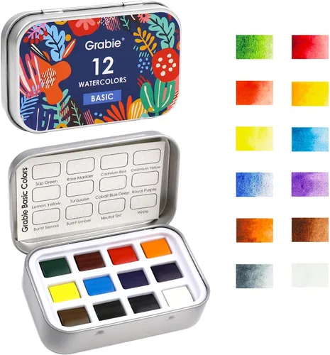 Grabie Juego de 12 acuarelas de bolsillo, juego de pintura de acuarela de viaje, pinturas de acuarela, suministros de arte para pintura, gran juego