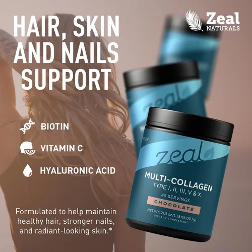Miniatura 3 de Zeal Naturals Péptidos de proteína de colágeno múltiple en polvo tipo I II III V X - Vitamina C, biotina y ácido hialurónico - cabello, piel y uñas