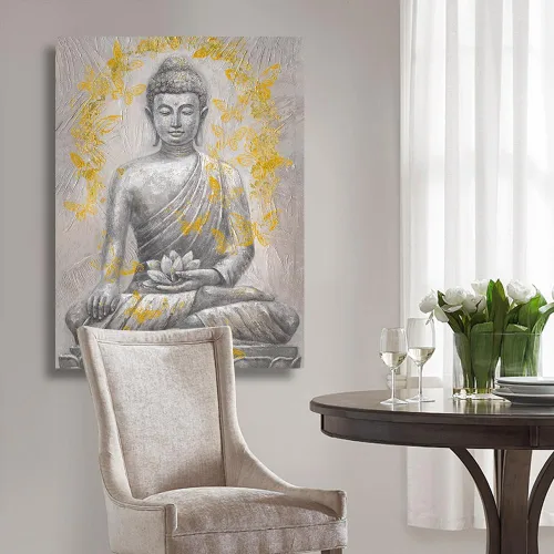 Miniatura 5 de Yidepot Lienzo decorativo de Buda para pared, lámina dorada: estatua zen con textura de flor de loto para budismo, decoración de pared, carteles
