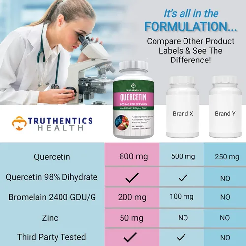 Miniatura 5 de TRUTHENTICS Quercetina con bromelina y zinc 1050 mg – Suplementos de quercetina de zinc premium para apoyo inmunológico, respiratorio y estacional
