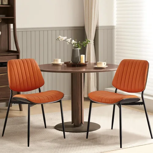 Miniatura 18 de Juego de 2 sillas de comedor tapizadas modernas de mediados de siglo con respaldo de nogal, sillas laterales de piel sintética con acento retro