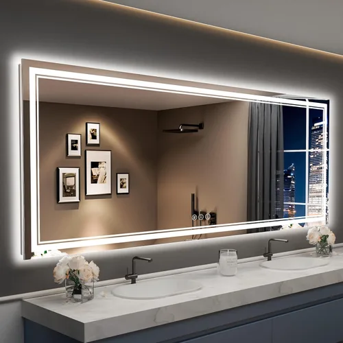 Miniatura 48 de 30x36 Espejo de baño LED con luces, retroiluminado y luz frontal, espejo de tocador iluminado antivaho para pared de baño, 3 colores, regulable