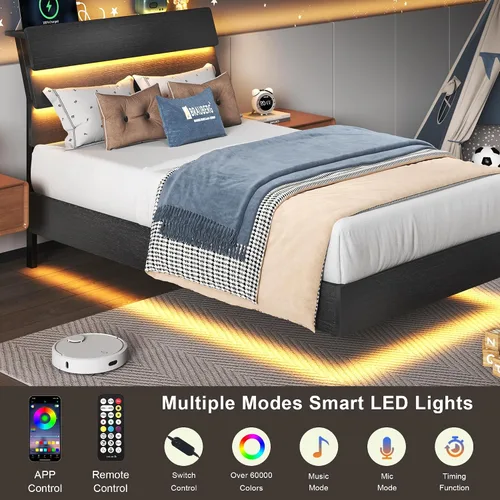 Miniatura 3 de Feonase Base de cama flotante individual con luces LED y estación de carga, marco de cama de madera tamaño individual con cabecera
