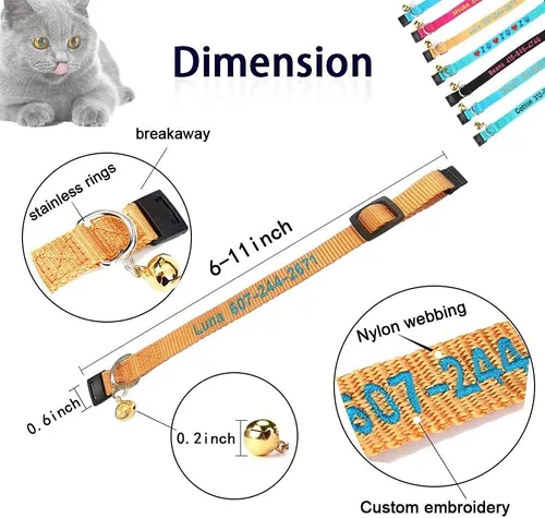 Miniatura 2 de 1 collar de gato personalizado con campana, collares de gato personalizados con nombre y número de teléfono, collar de identificación bordado