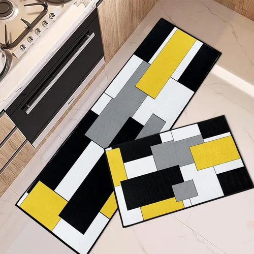 Miniatura 12 de Juego de 2 alfombras y tapetes de cocina abstractos color naranja, antideslizantes, lavables, color beige, contemporáneo, pintura artística