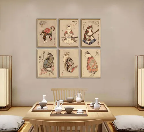 Miniatura 5 de 6 piezas de arte de pared de gato samurái japonés de carteles de decoración de bushido de Japón, pinturas de Kung Fu tatuajes divertidos de fantasía