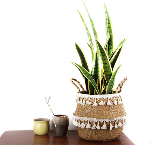Miniatura 5 de Cesta de Barriga de Hierba Marina Tejida de Macramé con Borlas para Almacenamiento, Decoración, Lavandería, Picnic, Cubierta de Maceta, Comestibles