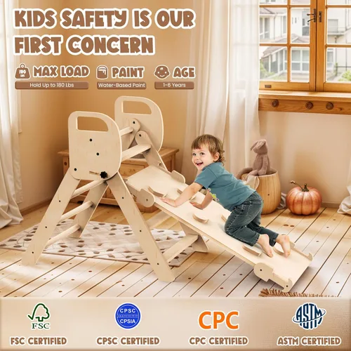 Miniatura 6 de Conjunto de Triángulo Pikler Plegable Juguetes de Escalada de Madera para Niños Pequeños Interiores, Parque Infantil Gimnasio de Jungla para Niños