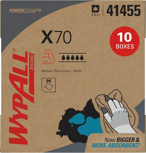 WypAll PowerClean X70 Paños de Servicio Mediano (41455), Caja Emergente, Toallas de Larga Duración, Blanco (10 Paquetes de 96 Hojas, 960 Hojas en