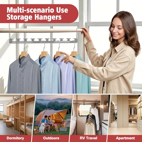 Miniatura 6 de Paquete de 12 perchas que ahorran espacio para ropa, de 6 a 9 agujeros, expandibles, de metal resistente, capacidad de 80 libras, colgador