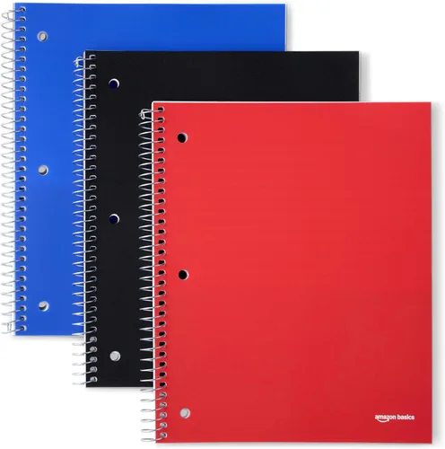 Amazon Basics - Cuaderno espiralado con rayas universitarias para 1 asignatura, cubierta de poliéster, 100 hojas, 8-1/2" x 11", paquete de 3,